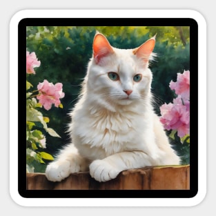 Cute White Cat With Flowers Watercolour Cat Art Sticker